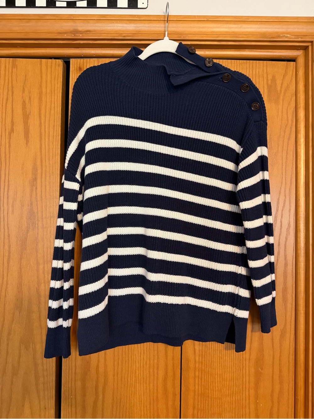 LOFT Navy and White Striped Button-Shoulder Turtleneck Sweater